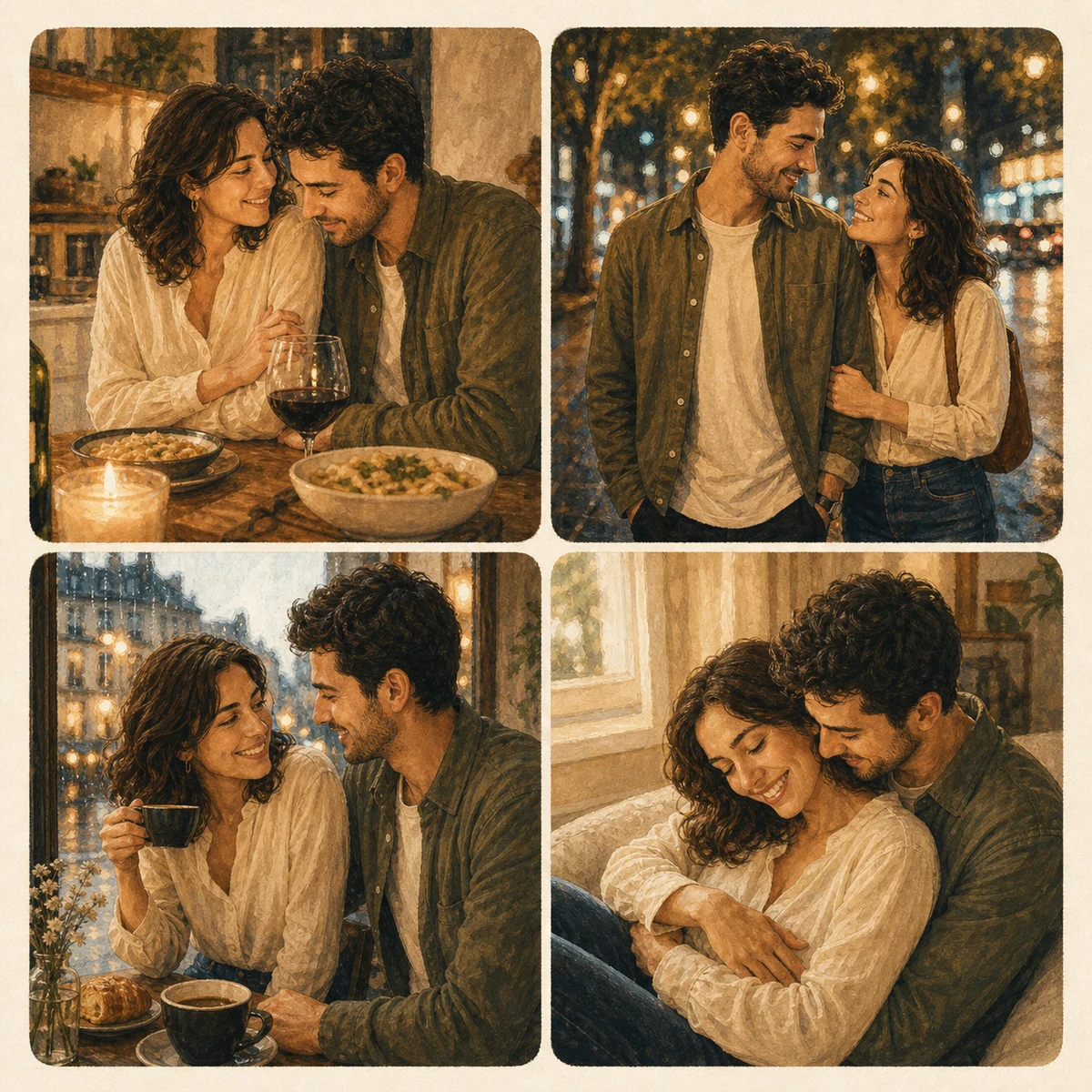 An anniversary photo gift preview with the same couple across four warm illustrated memories