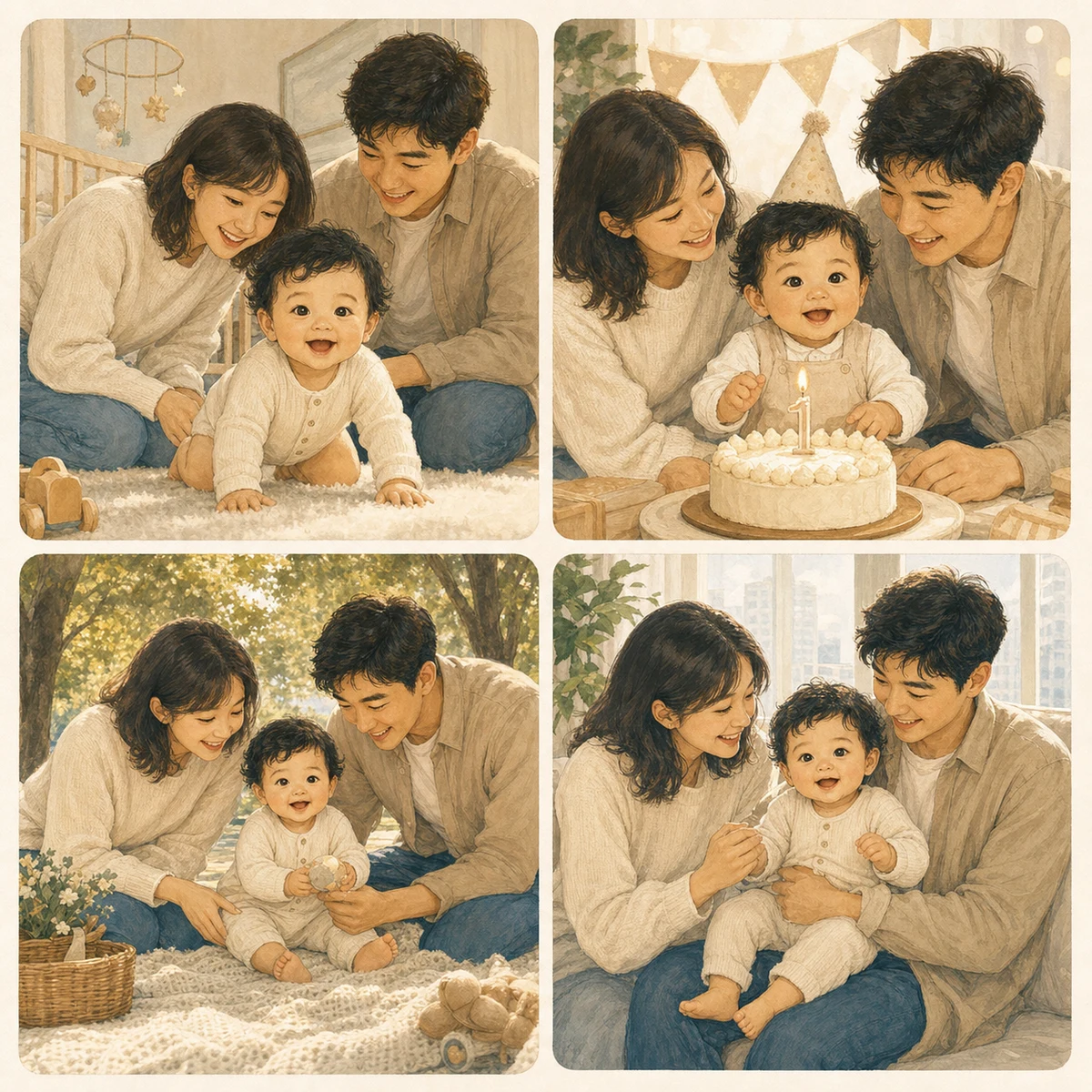A baby memory book preview with the same baby and parents across four illustrated milestones