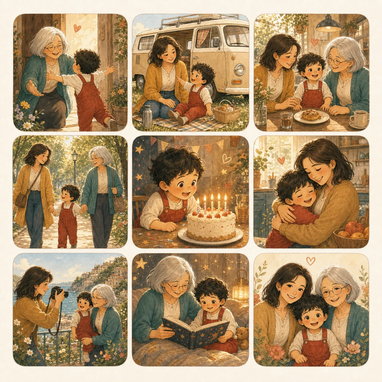 An AI photo book preview with the same family appearing consistently across nine storybook scenes